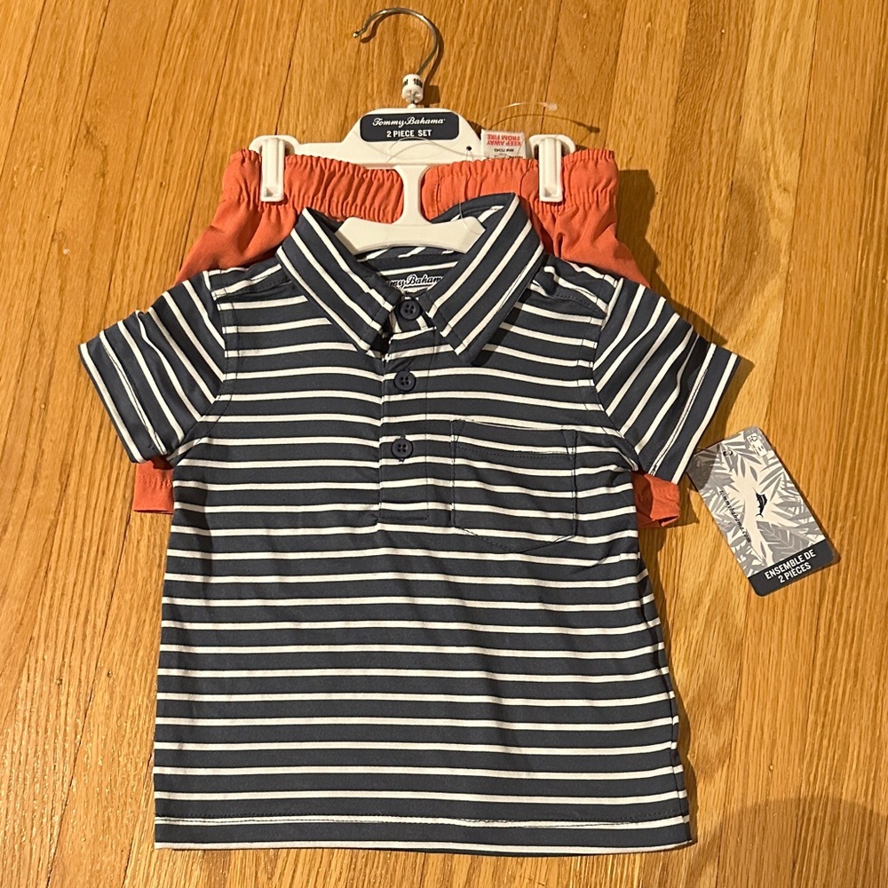 NWT - Tommy Bahama Set - 12/18 M -  Striped Navy&White Polo and Orange Shorts